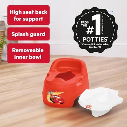 Bright Starts Disney and Pixar Cars Full Comfort Potty Training Toilet, Easy Clean Removable Bowl, Splash Guard, High Back for Comfort & Stability, Toddlers up to 50 lbs