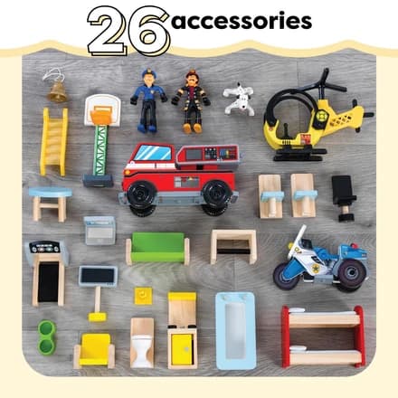 KidKraft Everyday Heroes Wooden Playset, 3-Story with 26-Piece Accessories, Foldable for Storage