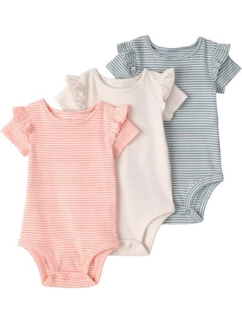 Little Planet by Carter's Girl 3-pack Short Sleeve Bodysuits made with Organic Cotton, Pink Stripes, Grey Stripes, 3M