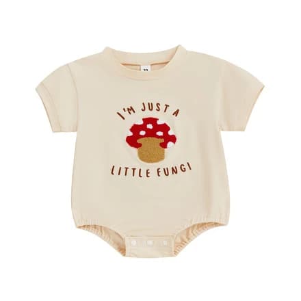 Licupiee Newborn Girl Boy Mushroom Romper Shirts Infant Baby Summer Clothes Letter Embroidery Short Sleeve Bodysuit Tops (Beige, 0-3 Months)