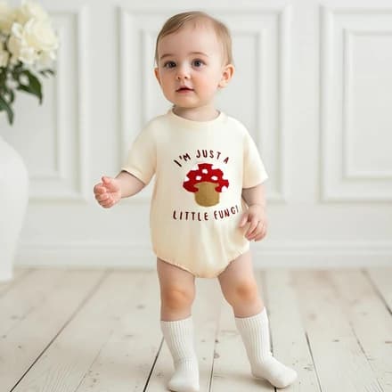Licupiee Newborn Girl Boy Mushroom Romper Shirts Infant Baby Summer Clothes Letter Embroidery Short Sleeve Bodysuit Tops (Beige, 0-3 Months)