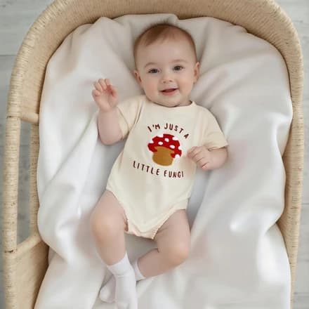 Licupiee Newborn Girl Boy Mushroom Romper Shirts Infant Baby Summer Clothes Letter Embroidery Short Sleeve Bodysuit Tops (Beige, 0-3 Months)