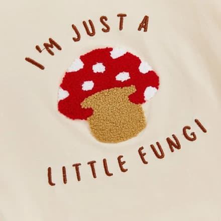 Licupiee Newborn Girl Boy Mushroom Romper Shirts Infant Baby Summer Clothes Letter Embroidery Short Sleeve Bodysuit Tops (Beige, 0-3 Months)